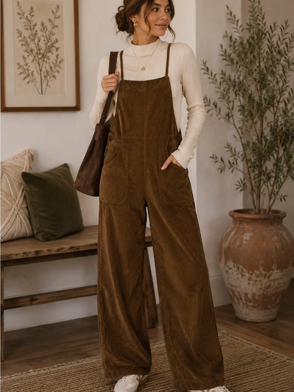 Promesa Brown Corduroy Wide Leg Overalls | Boho | Size Small